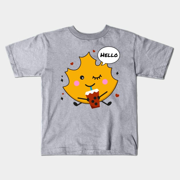 Cute autumn leaf drinking bubble milk tea Kids T-Shirt by Riczdodo